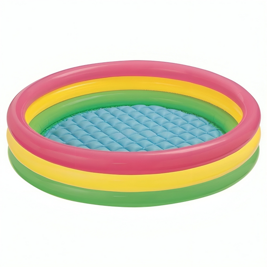 Colorful inflatable pool with pink, yellow, and green rings on a white background