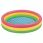 Colorful inflatable pool with pink, yellow, and green rings on a white background