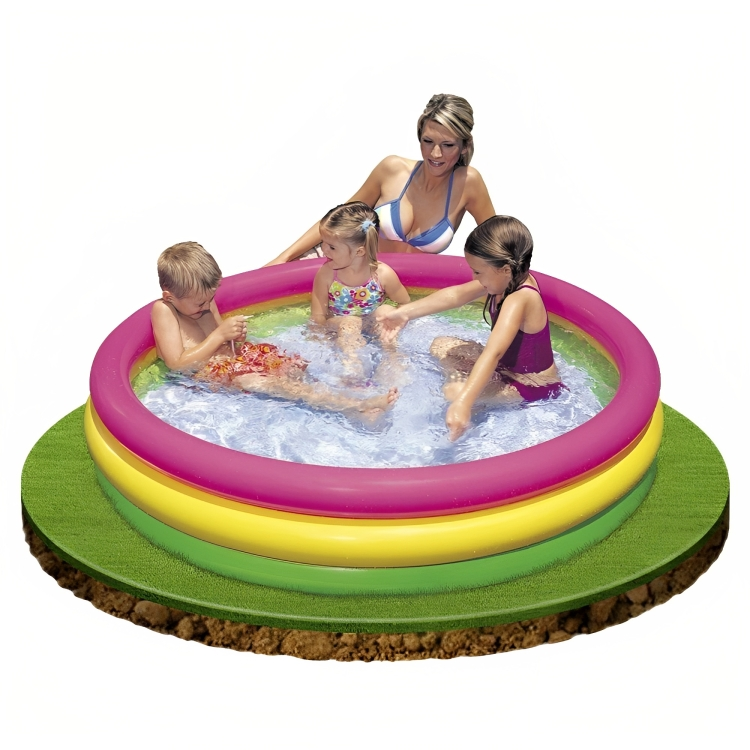 Inflatable pool with children playing and a woman supervising on a white background