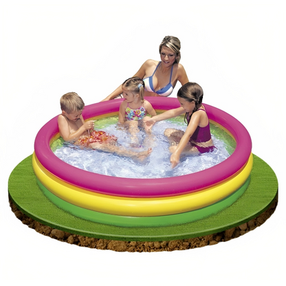 Inflatable pool with children playing and a woman supervising on a white background