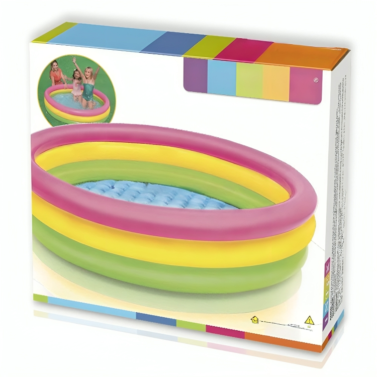 Colorful inflatable pool in packaging with children playing on the label