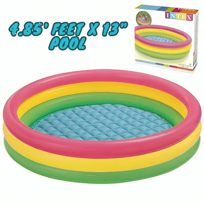 Intex inflatable pool with colorful rings and packaging on a white background