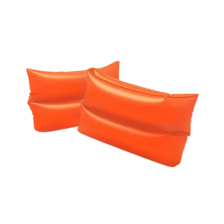Pair of orange inflatable arm floats on a white background