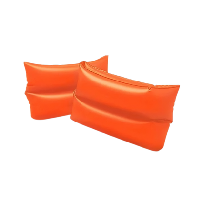 Pair of orange inflatable arm floats on a white background