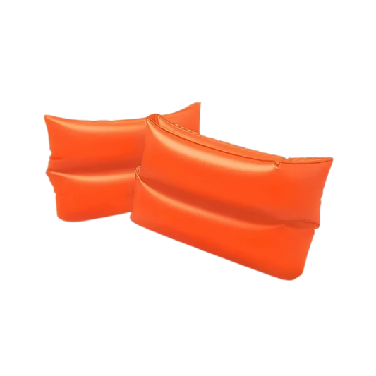 Pair of orange inflatable arm floats on a white background