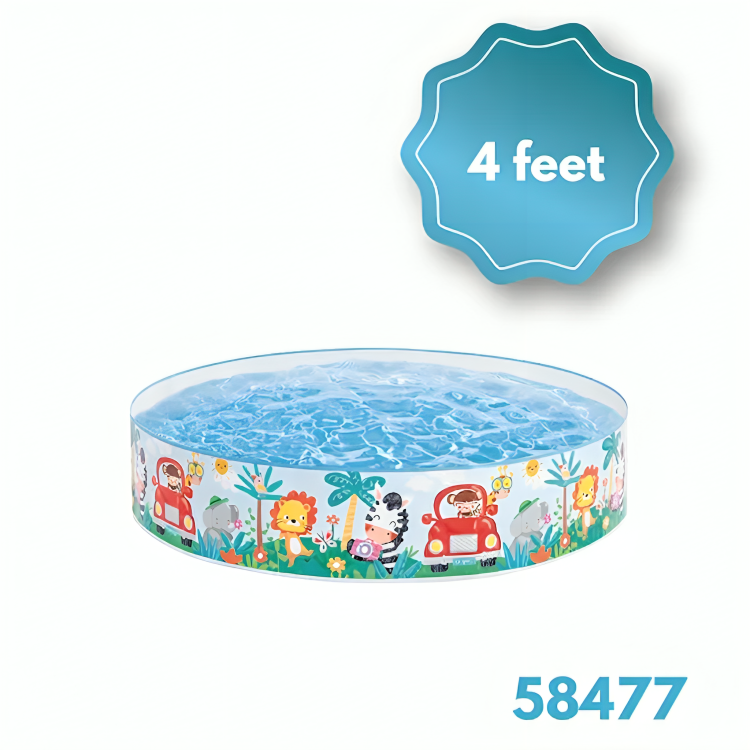 Children's inflatable pool with animal print and '4 feet' label on a white background