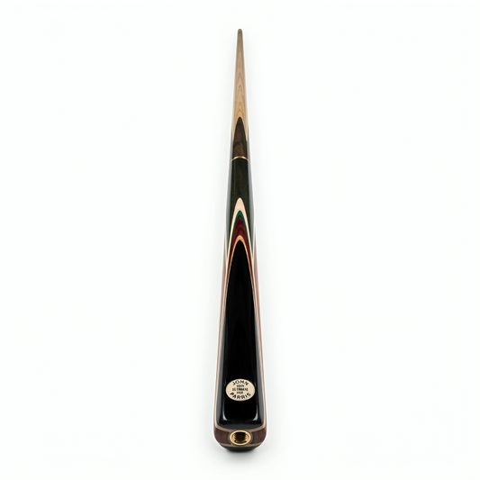 Black and gold snooker cue on a white background