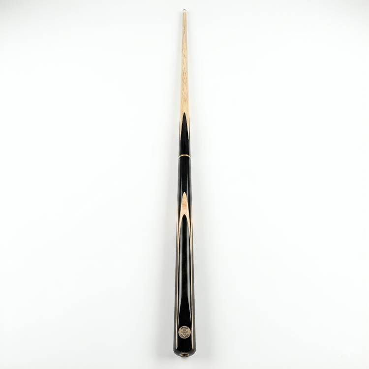 Black pool cue with gold accent on a white background