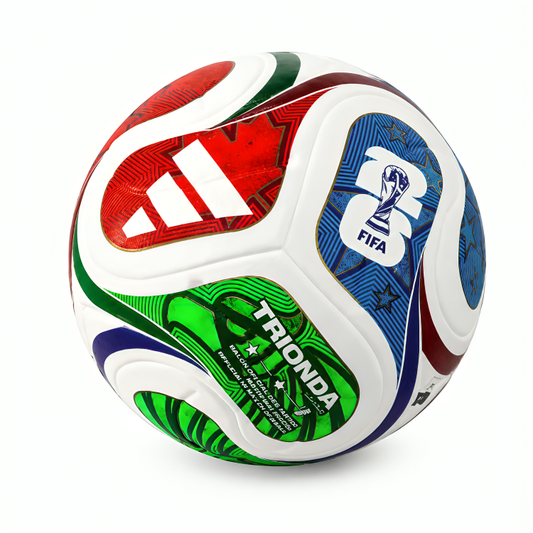 Colorful soccer ball with Adidas and FIFA logos on a white background