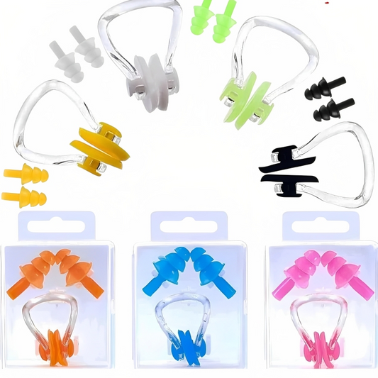 Colorful swim earplugs in clear packaging on a white background