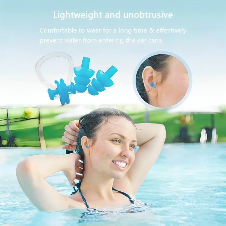 Woman wearing blue earplugs in a pool with text highlighting features
