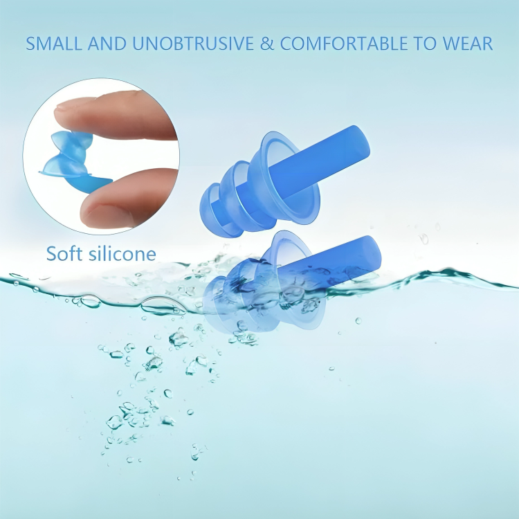 Blue silicone earplugs with text highlighting their small size, unobtrusiveness, and comfort.