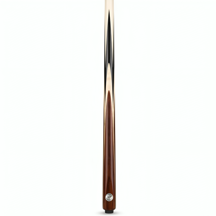Brown pool cue with black tip on a white background