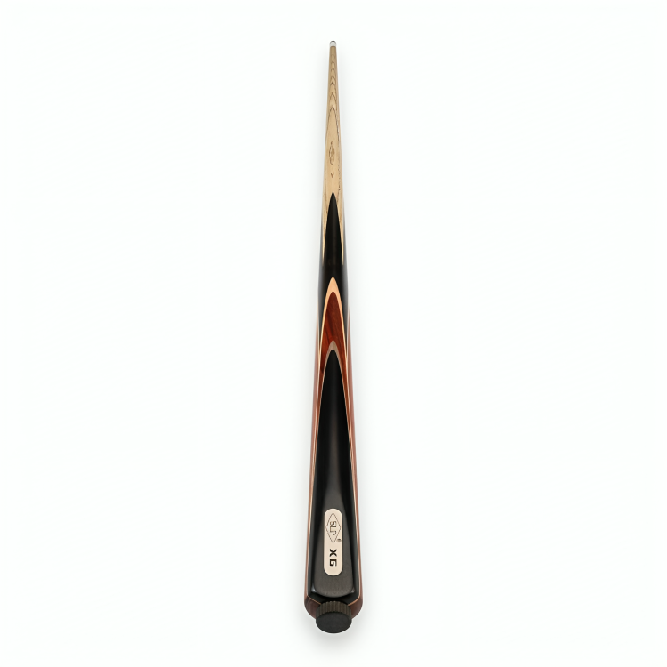 Snooker cue with black and orange design on a white background