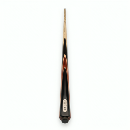 Snooker cue with black and orange design on a white background
