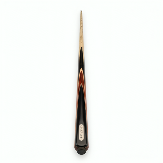 Snooker cue with black and orange design on a white background