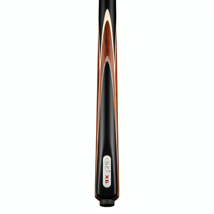 Billiard cue with black and brown design on a white background