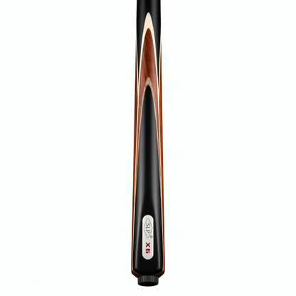 Billiard cue with black and brown design on a white background