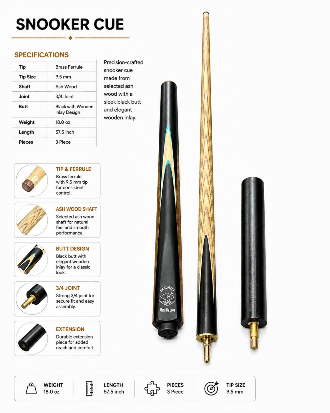 Snooker Cue LP Luos 3PC Handmade Model