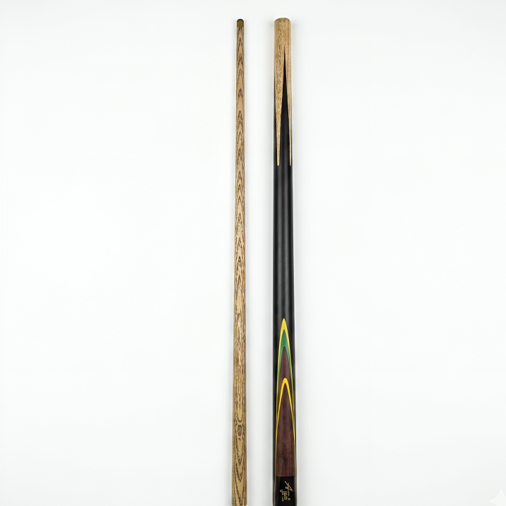 Two pool cues, one wooden and one black with a yellow stripe, on a white background.