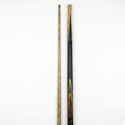 Two pool cues, one wooden and one black with a yellow stripe, on a white background.