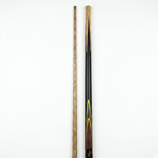 Two pool cues, one wooden and one black with a yellow stripe, on a white background.