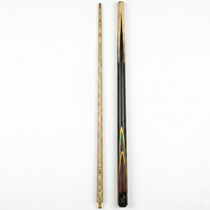 Two pool cues side by side on a white background
