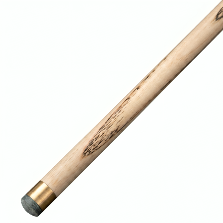 Wooden pool cue with brass tip on a white background