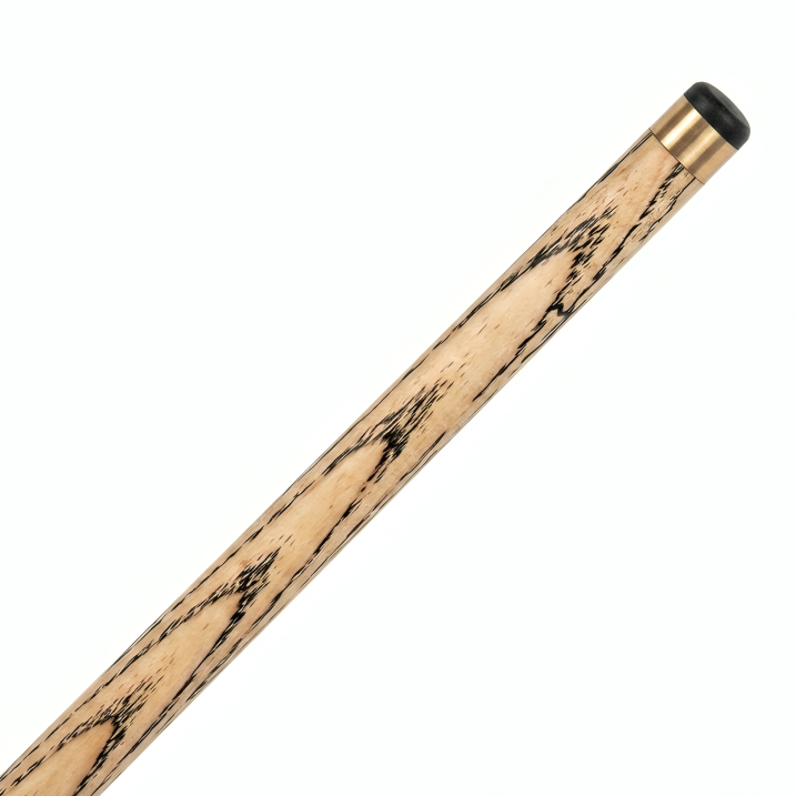 Wooden pool cue with black tip on a white background