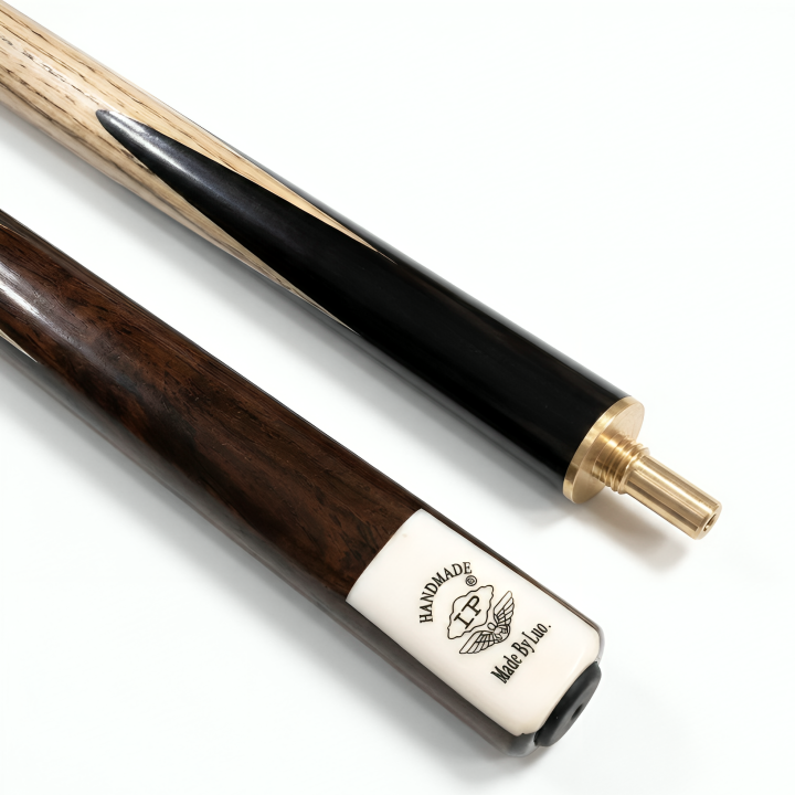 Snooker cue with wooden shaft and black and gold tip on a white background