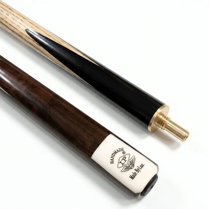 Snooker cue with wooden shaft and black and gold tip on a white background