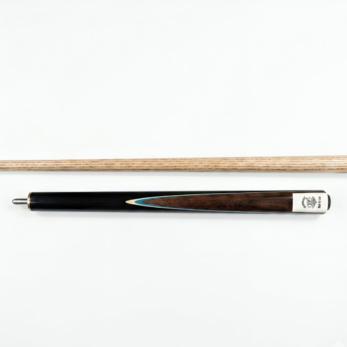 Pool cue with wooden shaft and black and silver ferrule on a white background
