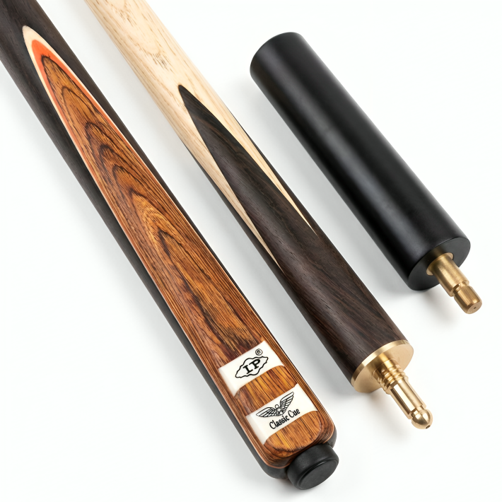 Wooden pool cue with black and gold accents on a white background