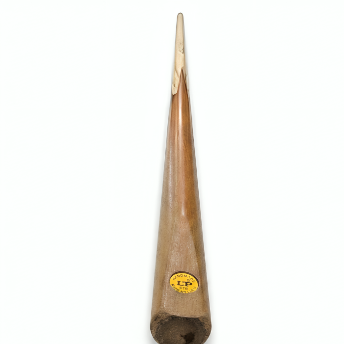Wooden drumstick with a brand label on a white background