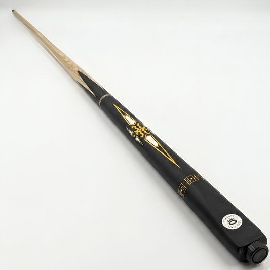 Black pool cue with gold accents on a white background