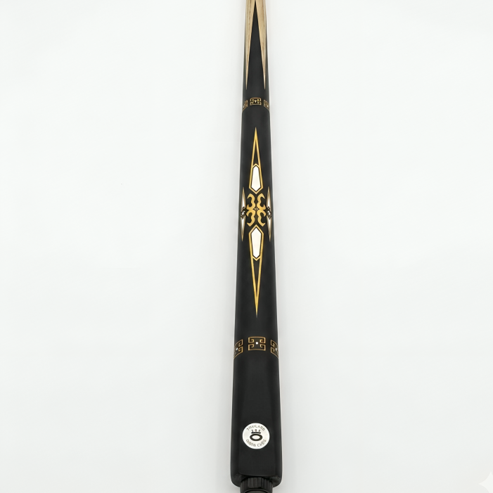 Black pool cue with gold accents on a white background