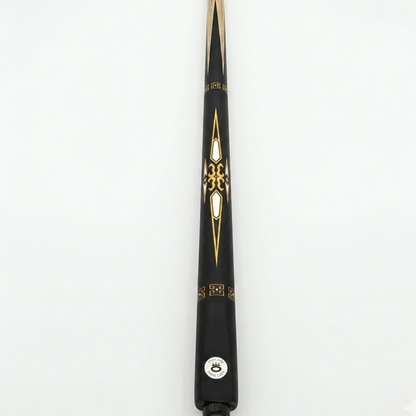 Black pool cue with gold accents on a white background