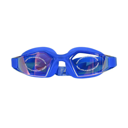 Blue swim goggles with clear lenses on a white background, featuring the Tango Sports logo.