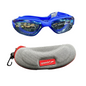 Blue swim goggles with a clear lens and gray case featuring Speedo logo on a white background