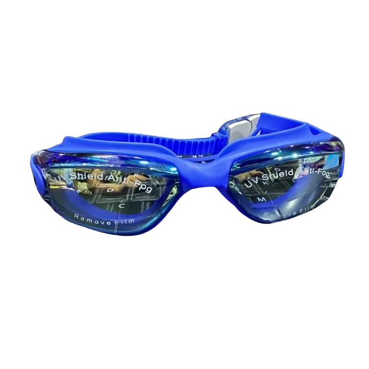 Blue swim goggles with 'Shield Air' branding on a white background