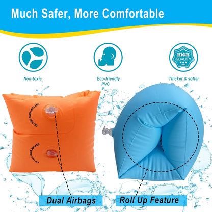 Orange and blue inflatable arm floats with safety features highlighted on a water-themed background.