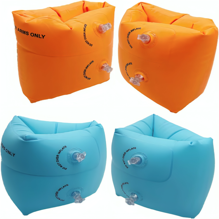 Two pairs of orange and blue inflatable arm floats on a white background