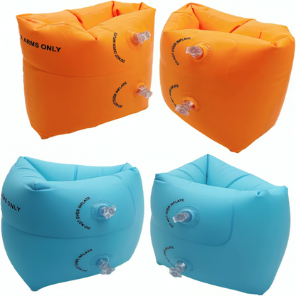 Two pairs of orange and blue inflatable arm floats on a white background