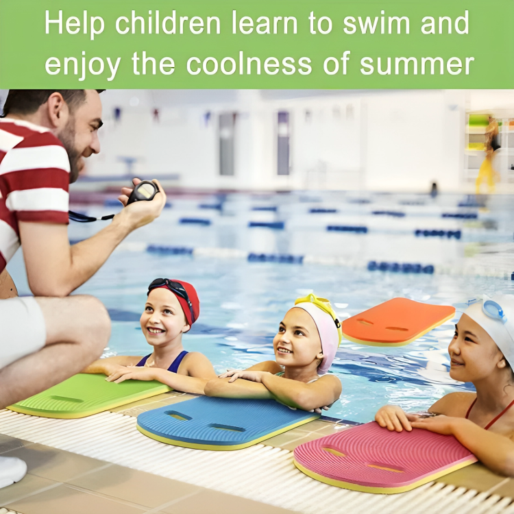 Children learning to swim with a instructor at a poolside.