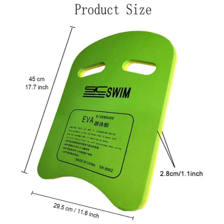 Green swim kickboard with dimensions and 'SC Swim' branding on a white background