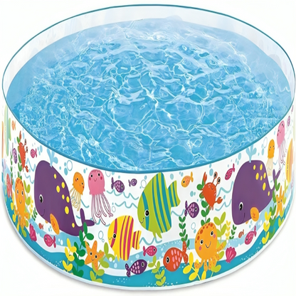 Children's inflatable pool with colorful underwater animal design on a white background