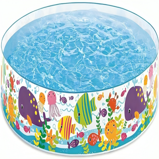 Children's inflatable pool with colorful underwater animal design on a white background